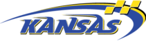 Kansas Speedway logo in blue with yellow swoosh.